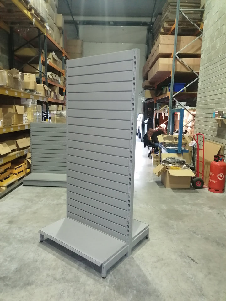Tall shop shelving with slatwall. Double sided. 2250mm high